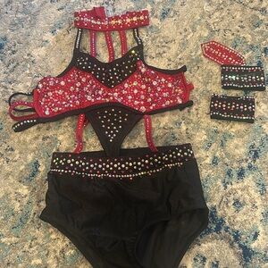 Glamour Red and Black Dance Costumes with Beadwork